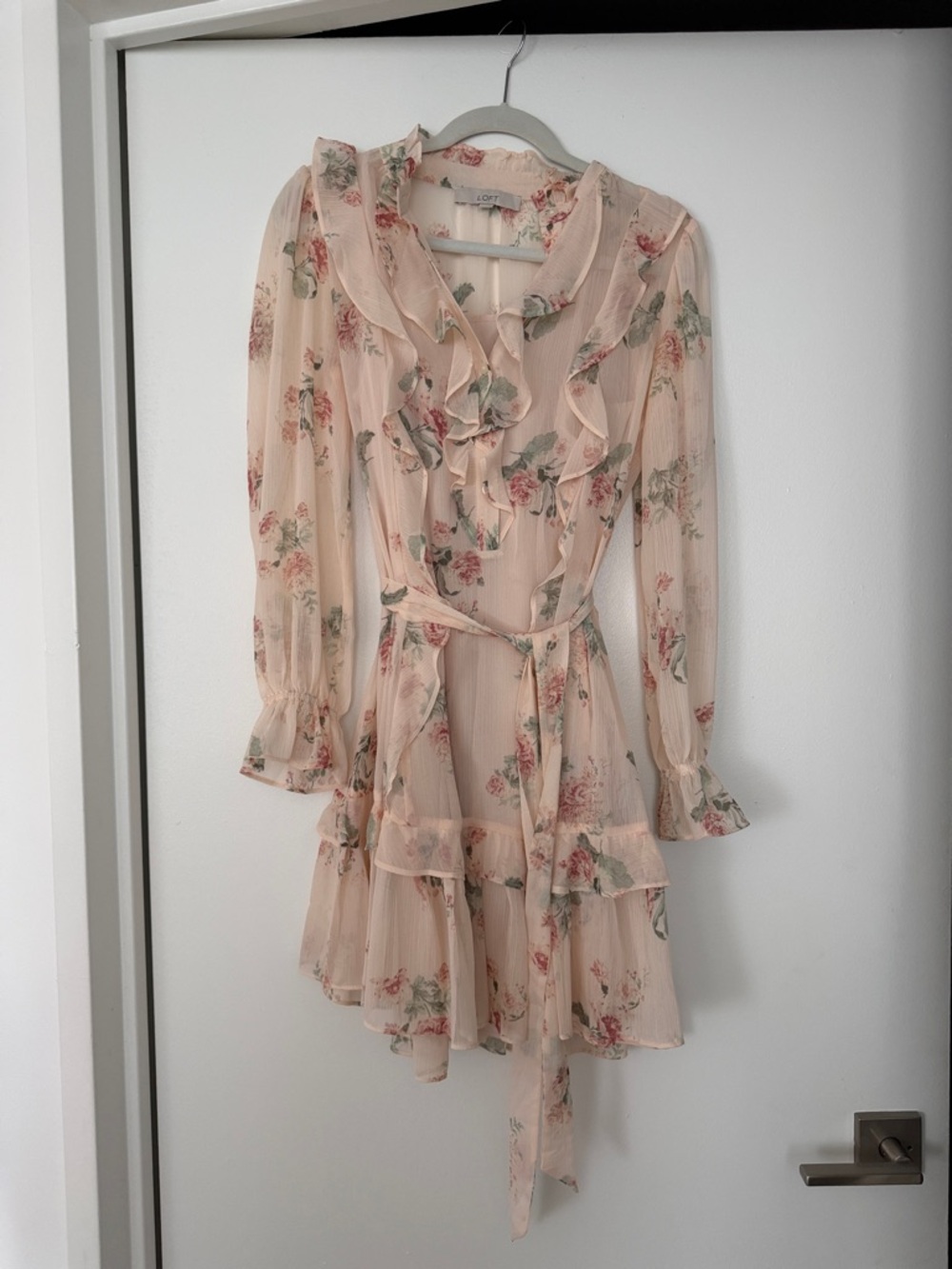 LOFT Peach Floral Ruffle Tie-Waist Long Sleeve Dress